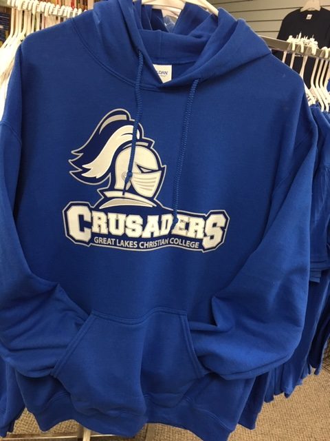 blue hooded Crusaders sweatshirt